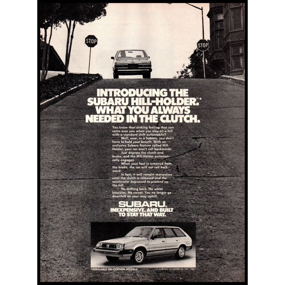 1982 Subaru Hill-Holder Clutch Vintage Print Ad Wagon San Francisco Wall Art